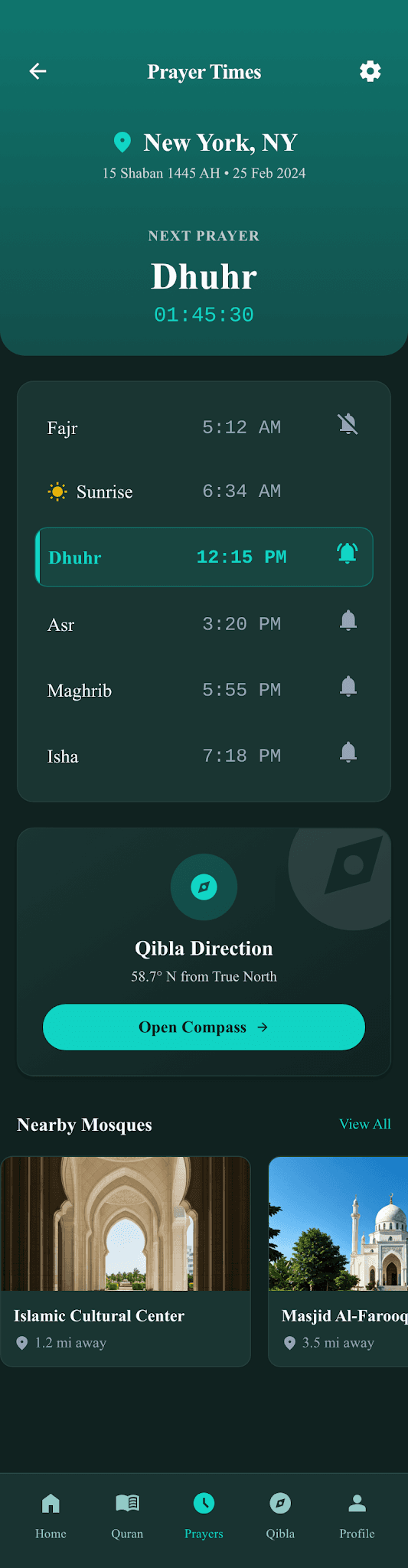 Prayer times screen